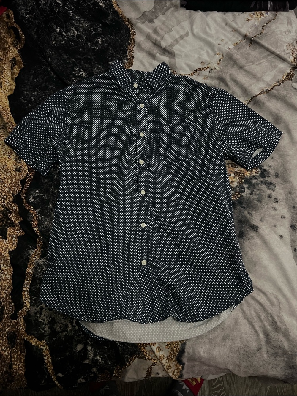 Hollister Navy Short-Sleeve Button-Down with White Micro Dots